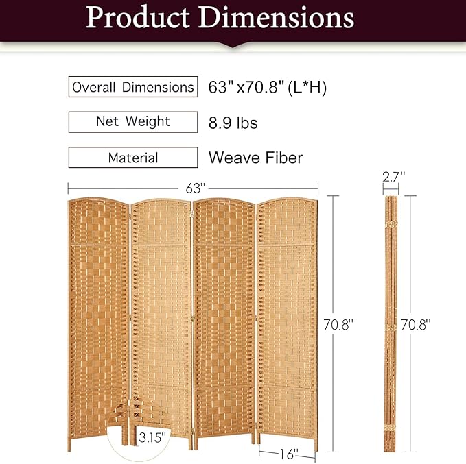 Rose Home Fashion 6 ft Tall Room Divider, Room Dividers and Folding Privacy Screens, 15.7in Privacy Screen 4 Panel Partition Temporary Wall Separation for Private, Light Beige