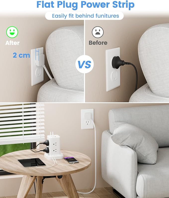 Power Strip Tower with Surge Protector 1800J, Fast Charging Tower PD20W USB-C Ports with 8 AC Outlets, 6ft Extension Cord for Home Office Dorm Room, White