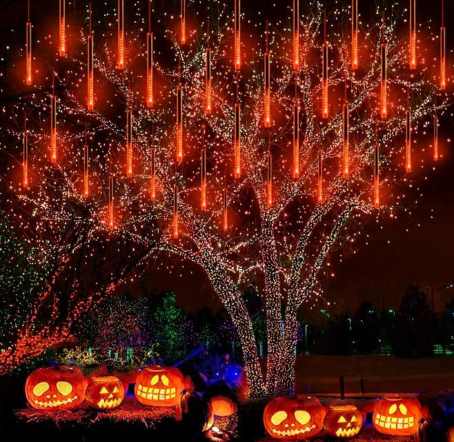 Kwaiffeo Halloween Yard Decorations: 16-Tube Meteor Shower Lights for Front Yard Halloween Fall Outdoor Decor, Equivalent to 2 Sets of 8-Tube, UL Plug