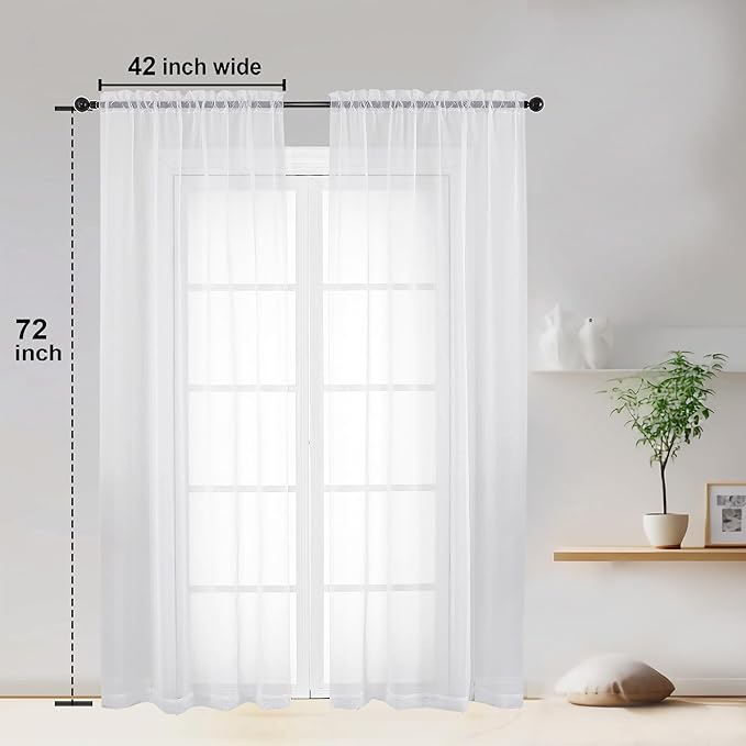 OWENIE White Sheer Curtains 72 Inches Long 2 Panels, Transparent Voile Sheer White Curtains Double Rod Pocket Gauze Drapes for Living Room Bedroom Window Sliding Glass Door Treatment, 42 x 72 Inch