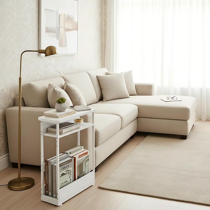 Narrow Side Table,3-Tier Slim End Table with Storage Shelf,Modern Sofa Table Thin Side Table for Narrow and Small Spaces, Skinny Bedside Table Small Nightstand with Magazine Rack Space Saving/White
