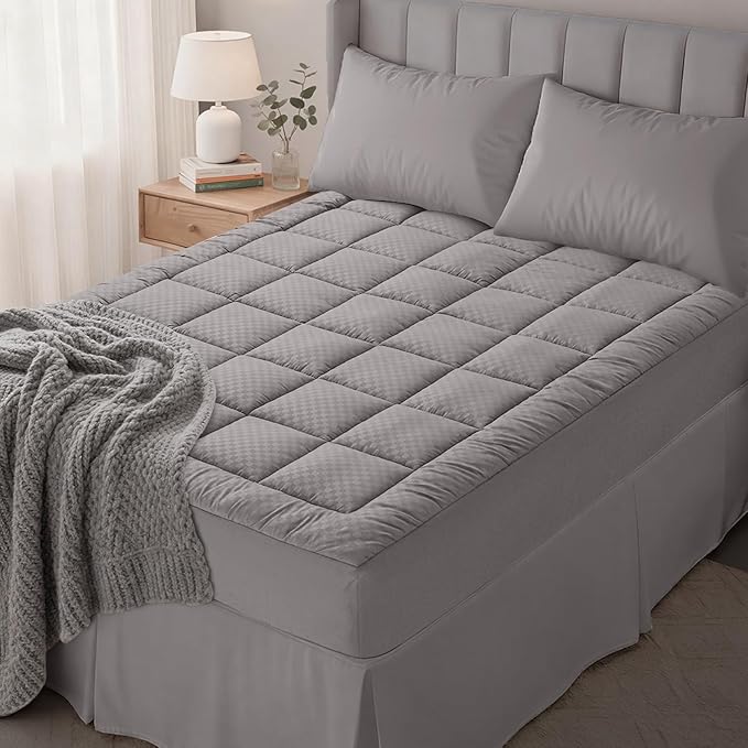 OLANLY Full Quilted Fitted Mattress Pad – Soft Down Alternative Pillow Top Mattress Topper, Cooling Comfort Breathable Mattress Cover, Machine Washable Deep Pocket Mattress Protector, Light Grey