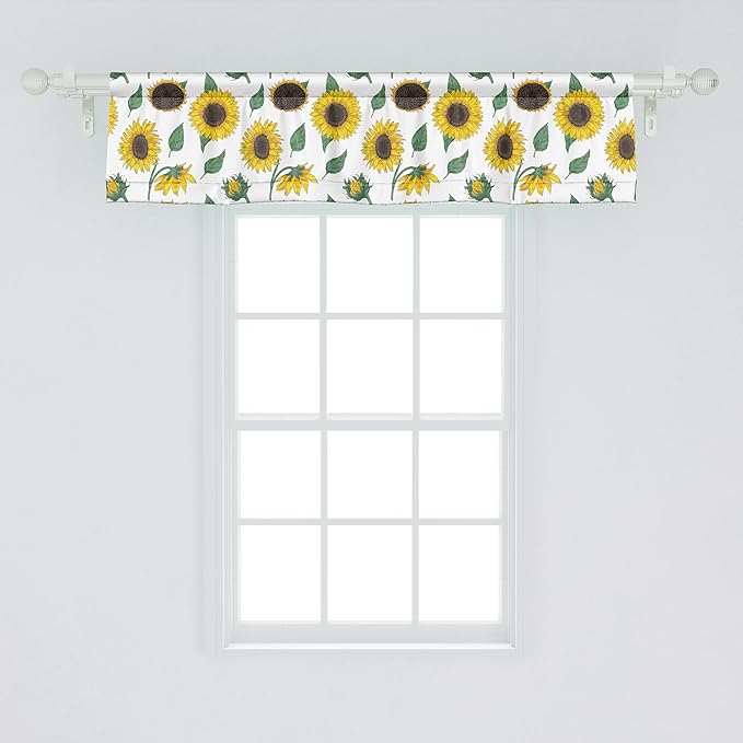 Ambesonne Sunflower Window Valance Pack of 2, Agricultural Pattern Botanical Inspiration Hand-Drawn Flowers, Rod Pocket Curtain Valances for Kitchen Bedroom, 42" X 12", Reseda Green Dark Brown