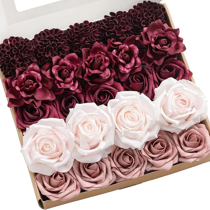 Ling's Moment Artificial Flowers Fake Silk Roses Faux Foam Dahlia Gardenia Combo for DIY Wedding Bouquets Centerpieces Arrangements Bridal Shower Party Home Decorations, Marsala & Dusty Rose, 24pcs