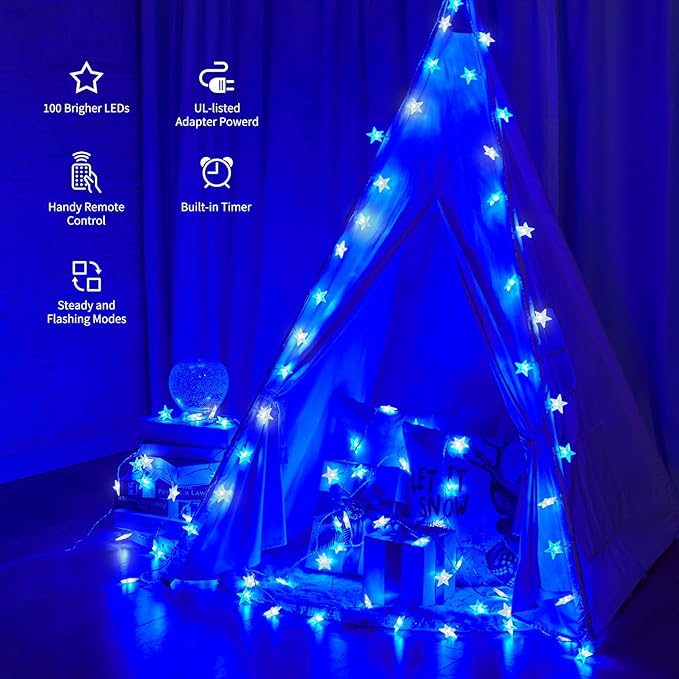 Minetom Blue and White Star String Lights Plug in - 33 ft 100 LED Star Fairy String Lights with Remote and Timer, 8 Modes Waterproof for Tent Loft Bed Backyard Patio Balcony Staircase