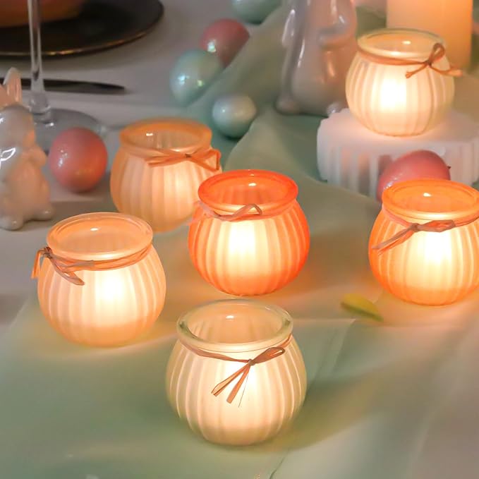 WDHODEC Fall Votive Candle Holders Set of 12, Pumpkin Glass Tea Lights Candle Holder for Thanksgiving Halloween Table Fireplace Decor