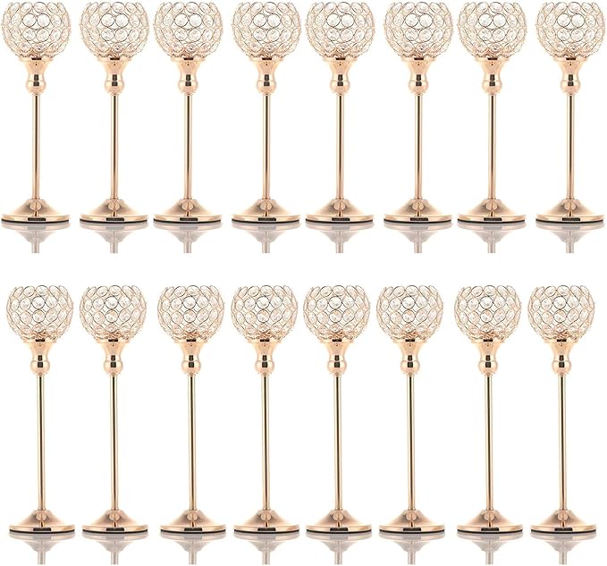 VINCIGANT 16PCS Gold Crystal Candle Holders Pillars for Wedding Decoration,Votive Crystal Candle Holders for Dinner Table Room Party Rhinestone Decorative