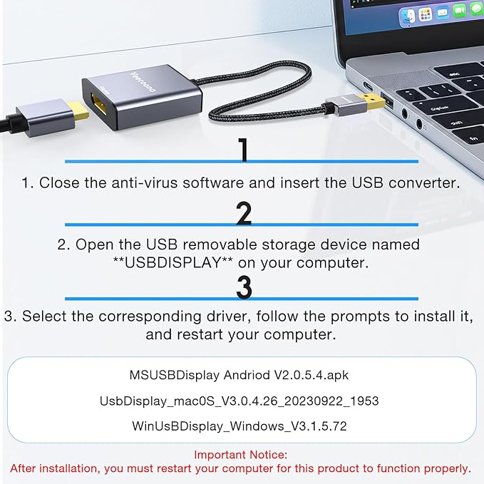 USB to DisplayPort Adapter | 1080P 60Hz, USB 3.0 Male to DisplayPort Female Monitor Converter for Windows 7/8/10/11, MAC OS - Requires Driver