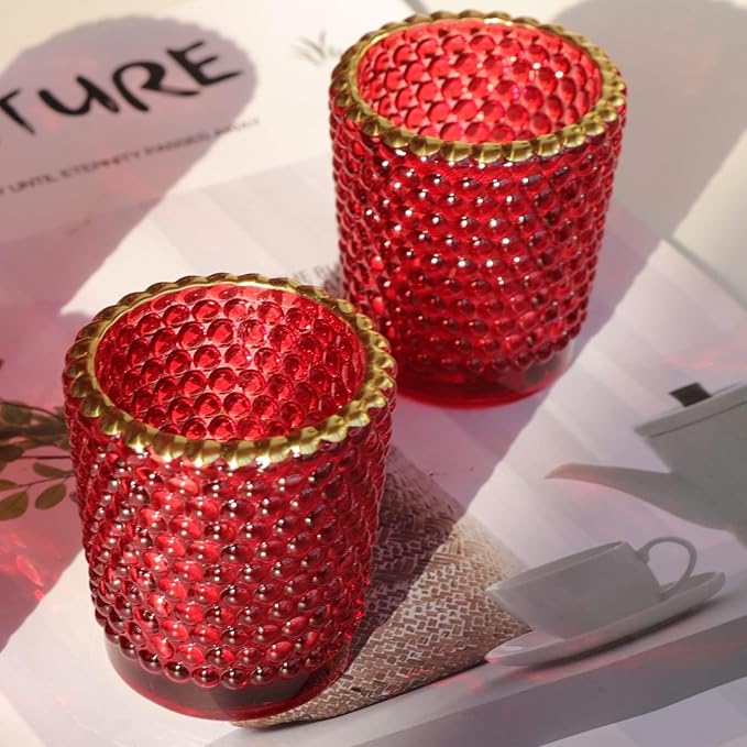WOHO 24pc Red Votive Candle Holders for Table Centerpiece, Tealight Candle Holder Bulk with Gold Rim, Glass Tea Lights Candle Holder for Christmas, Valentine’s Day Decor