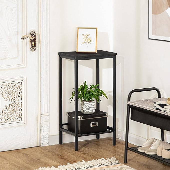 HOOBRO Tall Side Table, Industrial End Telephone Table with Adjustable Mesh Shelves, for Living Room, Bedroom, Entryway, Office, Black BB03DH01