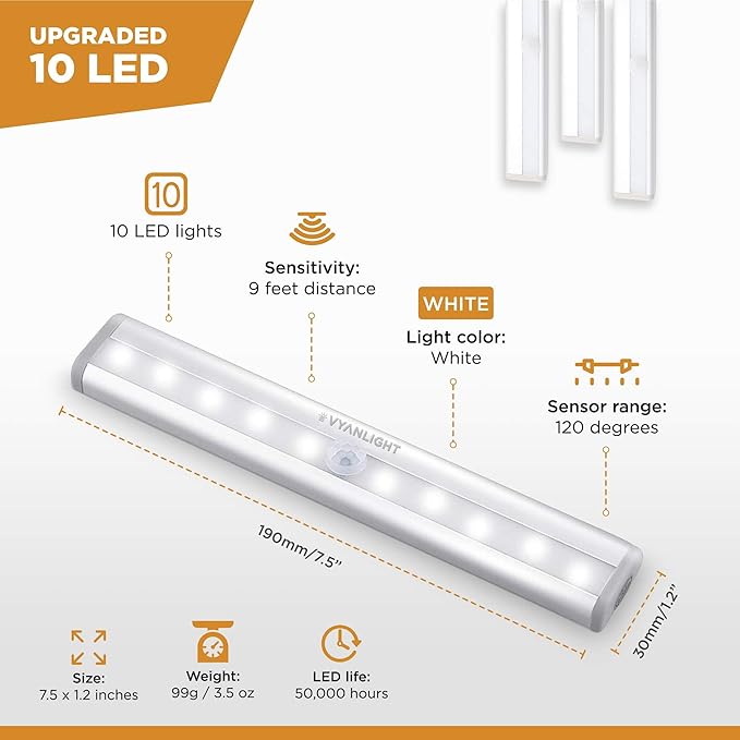 VYANLIGHT Motion Sensor LED Under Cabinet Lights, 10 LED Light Strips for Closet, Kitchen, Bathroom, Pantry - Battery Operated, Wireless, Peel and Stick, 3 Pack