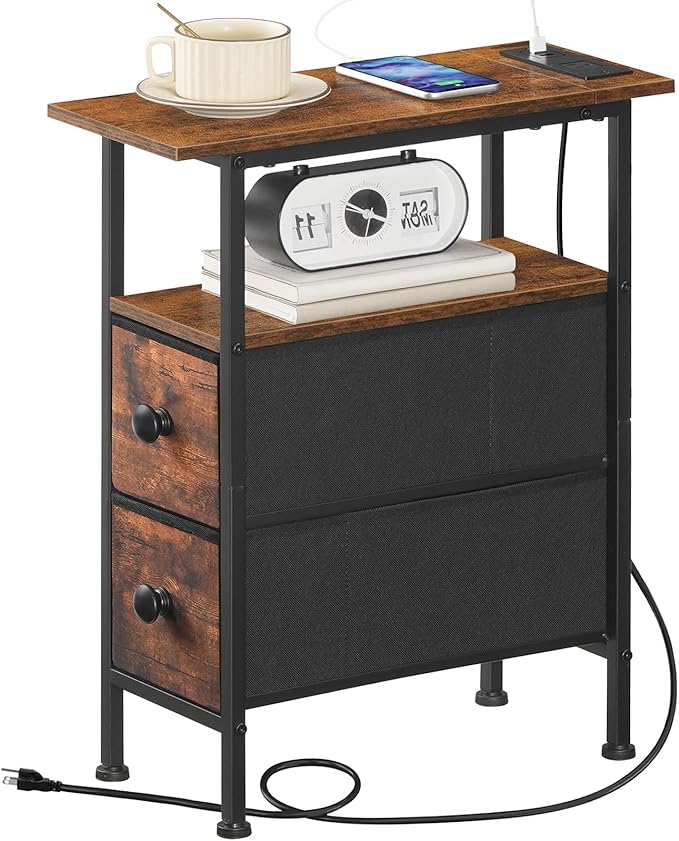 HOOBRO Set of 2 Narrow End Tables with Charging Station, Slim Side Table with 2 Fabric Drawers, Skinny Nightstand with Storage, Slim Bedside Table for Small Spaces, Rustic Brown and Black BF487UBZP201