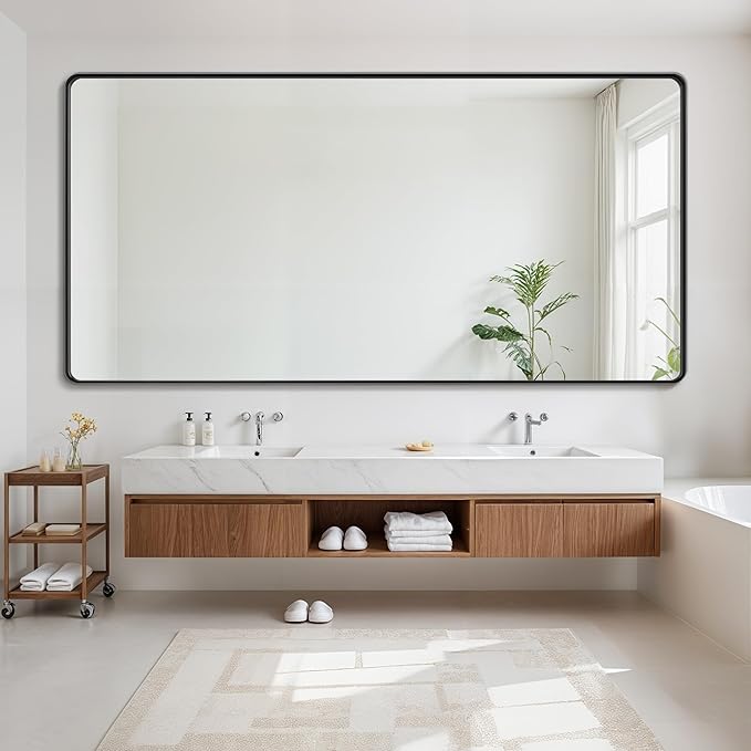 Suidia Bathroom Mirror, 72" x 36" Wall Mirror Metal Framed, Bathroom Vanity Mirror for Living Room Bedroom Bathroom Entryway, Black, Rounded Corner Style