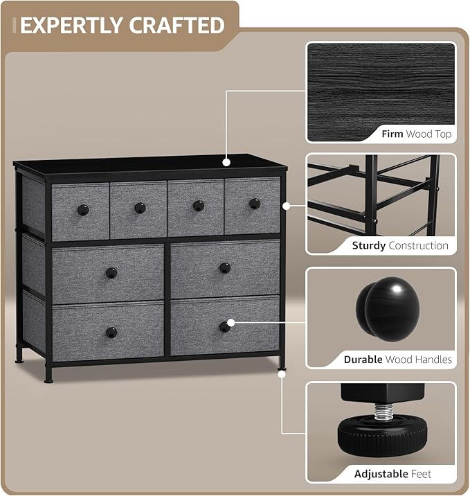 Sorbus Dresser with 8 Drawers - Chest Clothing Organizer Unit with Steel Frame Wood Top Knob Handle Easy Pull Fabric Bins - Large Storage Furniture for Bedroom, Hallway, Living Room, Nursery & Closet