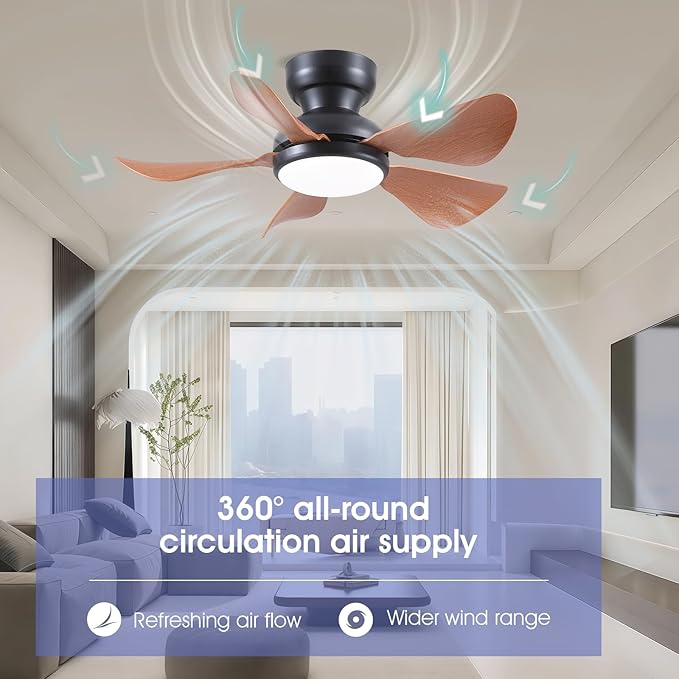 32 Inch Modern Ceiling Fans with Lights, Small Flush Mount Ceiling Fan with Light and Remote/APP Control, 5 Reversible 6 Speeds Curved Blades, 3 CCT Dimmable Lights for Kids Room, Brown