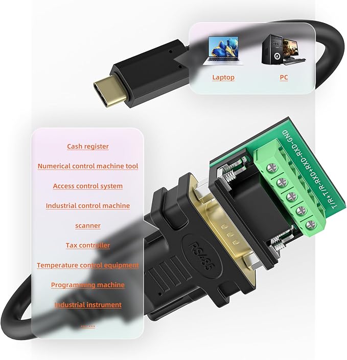 USB C to RS485/RS422 Serial Port Converter Adapter Cable with FTDI Chip Supports Windows 11 10 8 7 XP Mac 10FT…