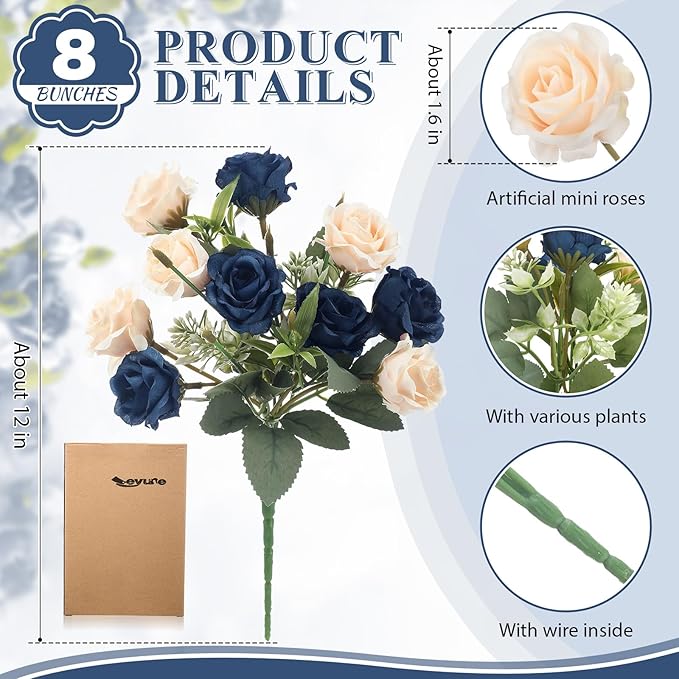 Zeyune 8 Pack 12 Inch Wedding Bouquets for Bride Bridesmaid Dark Blue and Champagne Artificial Rose Bouquet Fake Silk Roses Flowers Bunches Bulk for Home Office Garden Parties Decoration