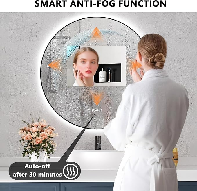 24'' Round Bathroom Mirror with Light, Black Circle Mirror with Backlit & Half Moon Light, Anti-Fog, Dimming Wall-Mounted LED Vanity Mirrors for Bathroom, Home Decor, Entryway