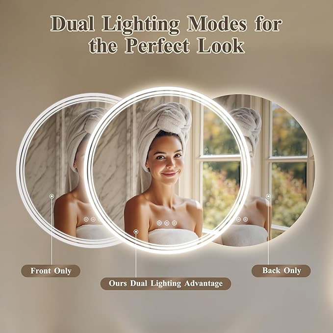 30''x30'' Lighted Mirrors for Bathroom Wall Backlit + Front Lit, Round LED Bathroom Mirror Frameless with Lights Anti Fog, Dimmable, 3 Colors,Tempered Glass, Shatter-Proof