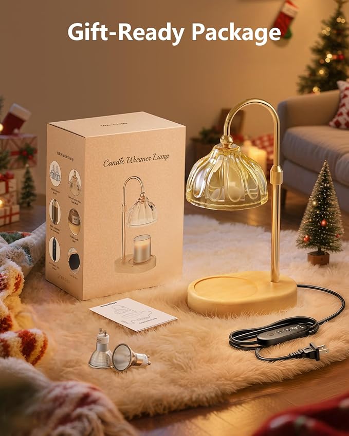 Candle Warmer Lamp, Wax Melt Warmer with Timer Dimmer, Height Adjustable, Amber Lampshade, Includes 2 Bulbs, Birthday Gifts for Women, Mom, Christmas, Housewarming