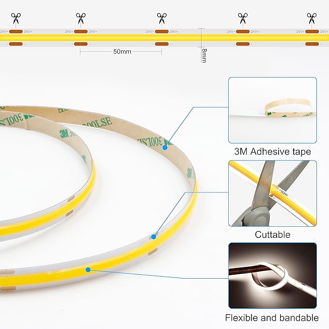 COB LED Strip Light with Remote, Dimmable 16.4FT/5M Flexible High Density LED Light,4000K Natural White 2400LEDs Super Bright LED Light Strip CRI 90+ for Bedroom,Kitchen,DIY Home Decoration