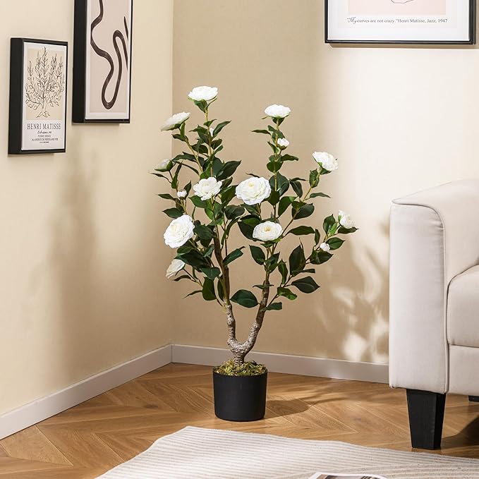 GOFLAME 3FT Artificial Camellia Tree, Faux Camellia Plant with White Flowers, Solid Wood Trunk, Realistic Moss, Greenery Potted Decoration Tree for Indoor Outdoor Home Porch Front Door