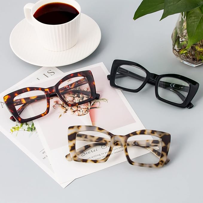REAVEE Oversized Square Reading Glasses Oprah Style for Women, Blue Light Blocking Large Frame Computer Readers Spring Hinge