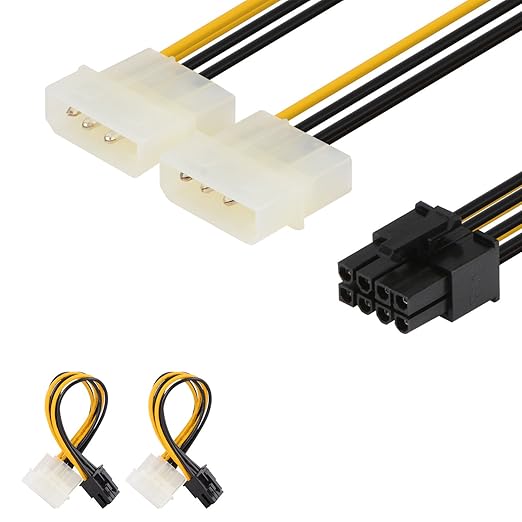 J&D 8 Pin PCIe to 2 x 4 Pin LP4 Molex Power Cable Adapter (2 Pack), 6 inch / 15 cm, Black