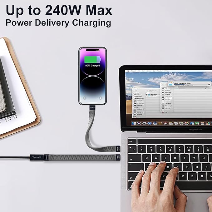 2Pack Female to Male 0.4Ft USB C Flex Extension Adapter, Compatible with Thunderbolt 4/3, USB4/3, Support 240W Fast Charging, 8K Display, 40Gbps Data Transfer