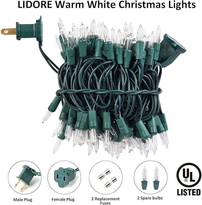 LIDORE Super Bright Clear Mini Christmas Tree String Lights, Gift for Decoration, 21.45FT 100 Count Bulbs with Green Cord, UL Listed Indoor Outdoor Lighting for Holiday (Green Cable, 2-Pack)