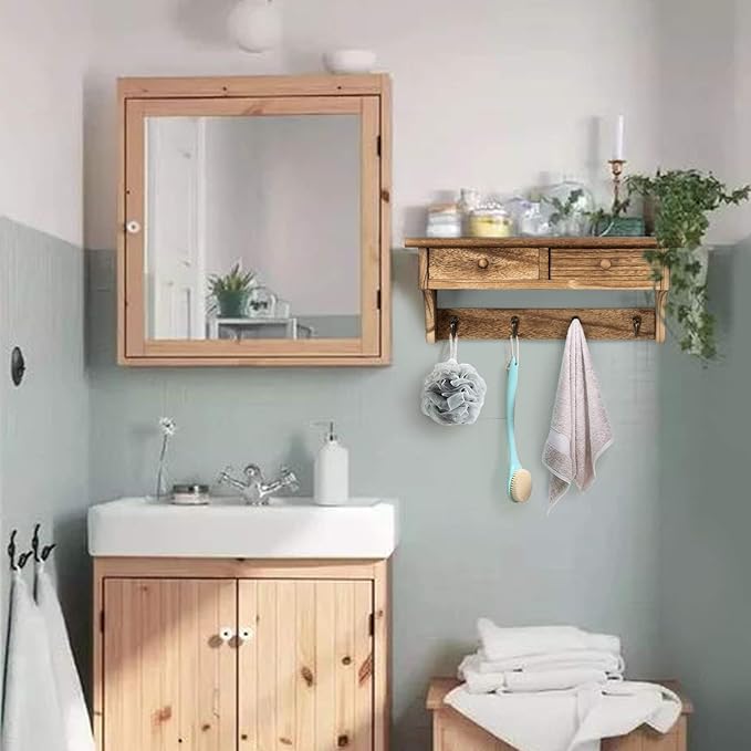 Emfogo Coat Hooks Mounted, Rustic Wood Coat Rack Mount Shelf with Hooks, Farmhouse Coat Rack with Shelf & Coat Hook for Entryway, Mudroom, Bedroom, Kitchen, Bathroom (Brown)