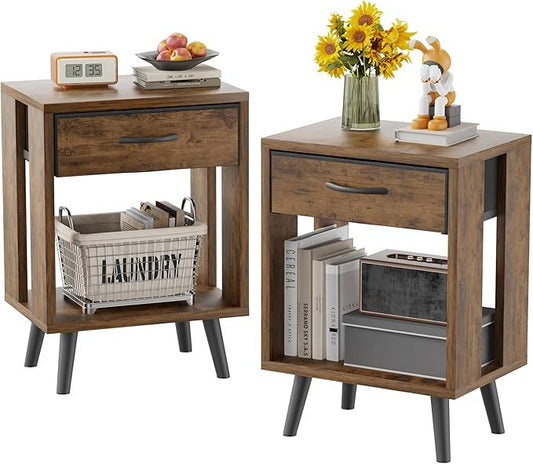 GYIIYUO Nightstand Set of 2 with Fabric Drawers and Open Shelves, Bedside Table Set - Dark Rustic Brown Bedroom Side Tables