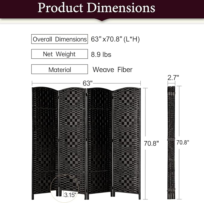 Rose Home Fashion 6 ft Tall Room Divider, Room Dividers and Folding Privacy Screens, 15.7in Privacy Screen 4 Panel Partition Temporary Wall Separation for Private, Black