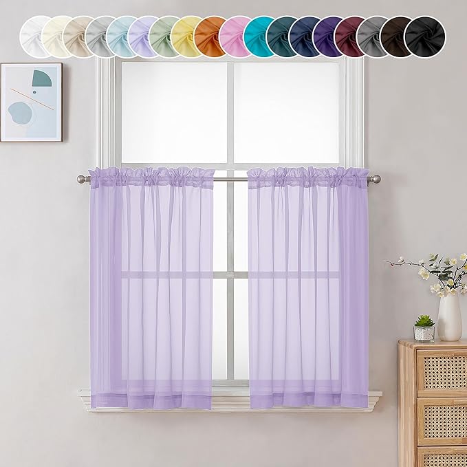 Chyhomenyc Lilac Sheer Curtains 36 inch Length 2 Panels, Light Filtering Voile Rod Pocket Short Window Curtians for Bathroom Living Room Farmhouse Small Windows, 42Wx36L inches