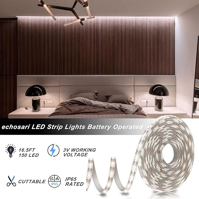 echosari Strip Lights Battery Operated, 16.5Ft 150 LED 2835 SMD Closet Strip Lights with Remote for Bedroom, Kitchen, Cabinet Décor (Cool White)