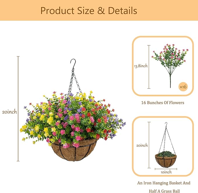 Artificial Hanging Flowers Basket for Outdoor, 16 Fake Flowers Look Real UV Resistant, Faux Hanging Plants for Porch, Balcony, Patio, Garden, Spring Summer Decor,MixB