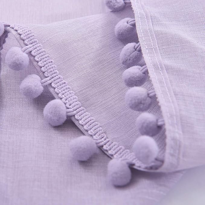Treatmentex Pom-Pom Sheer Curtains for Kid's Room, 63" Linen Textured Volie Window Curtain Panels Lilac 52" w 1 Pair