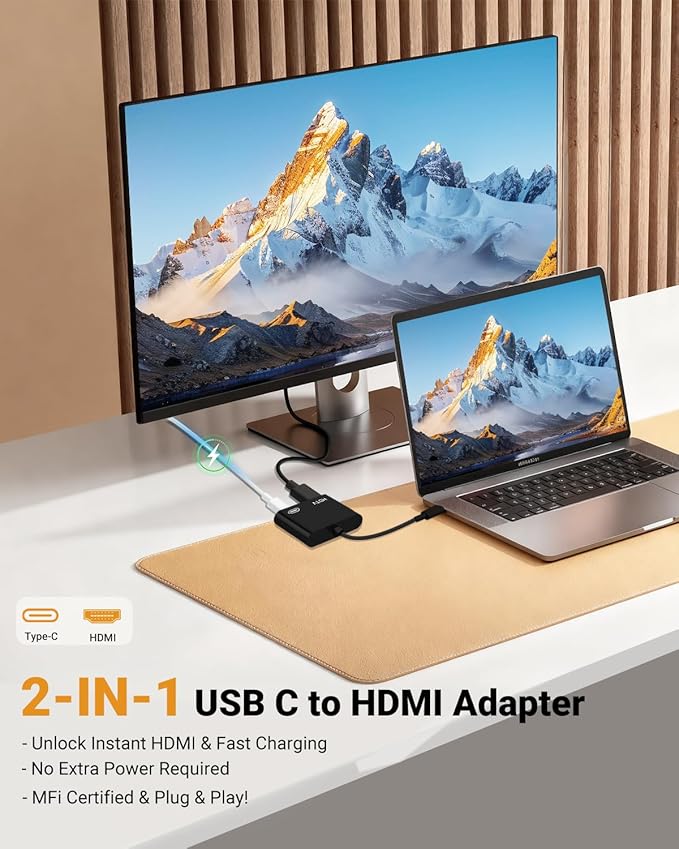 USB C to HDMI Adapter, Type C to 4K HDMI Adapter with 100W PD Multiport Digital AV Converter for MacBook Pro/air, iPad Pro/air, iPhone 15/16/17, Tablets, Switch and More USB-C Devices