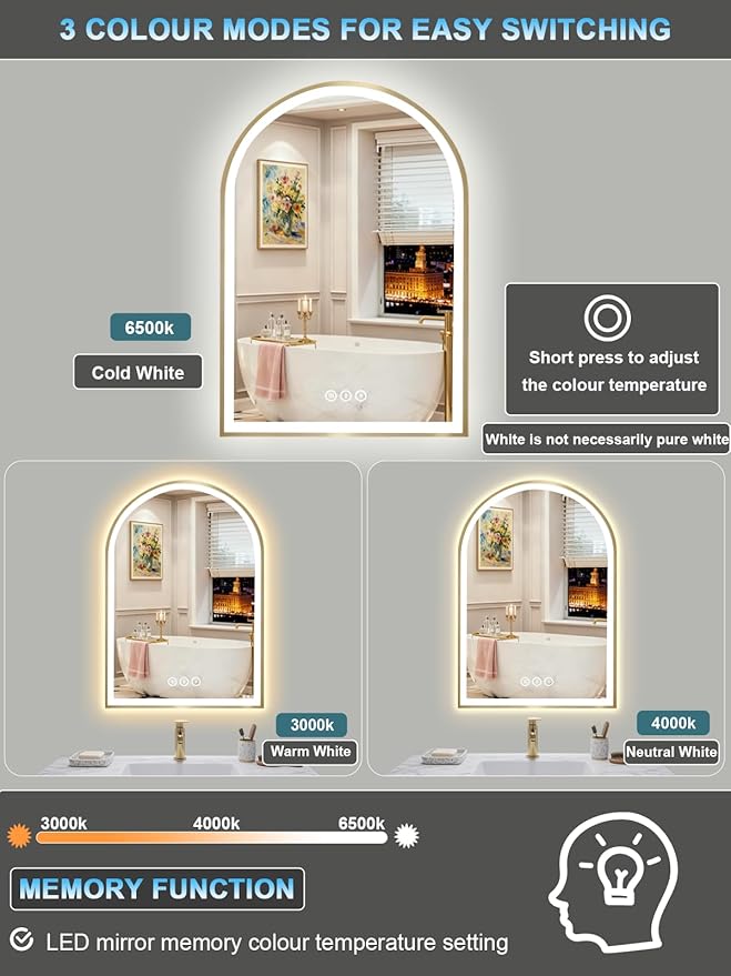 Gold Arch Mirror with Lights, 24x36 Inch Led Mirror for Bathroom, Wall-Mounted Mirror with Anti-Fog, Memory Function, 3 Color Temperature, Dimmable Led Bathroom Mirror