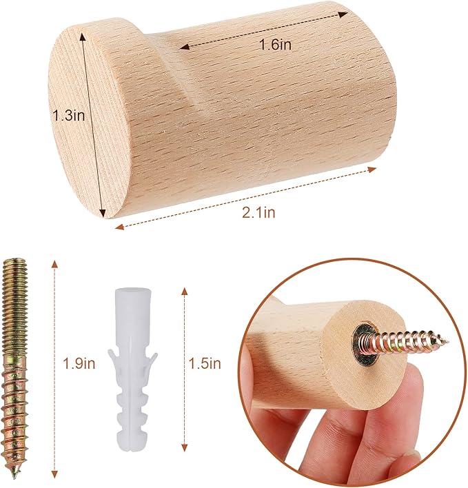 Wood Wall Hooks, 4 Pack Natural Wooden Coat Hooks Wall Mounted, Rustic Hat Hooks, Heavy Duty Entryway Wall Hangers for Hanging Purse, Towels, Clothes, Backpack