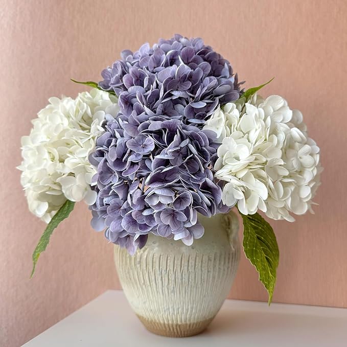 YalzoneMet 4 Pcs Hydrangea Artificial Flower Lifelike 21'' Long Stem Latex Real Touch Hydrangea for Xmas Home Party Kitchen Thanksgiving Table Centerpiec Christmas Decor 2 White + 2 Purple