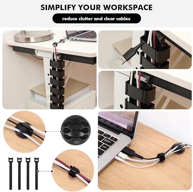 Yaomiao 1 Pack Under Desk Vertebrae Cable Management Kit Standing Desk 48'' Adjustable Quad Entry Flexible Cord Organizer with Ties, Stick-on Clips Cable Management Set for Home User Office Worker