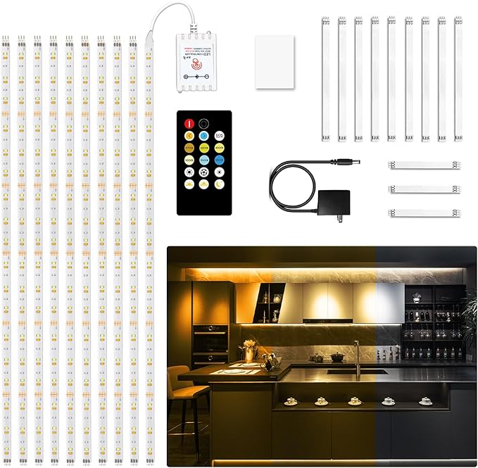 DAYBETTER Under Cabinet Lighting kit, 10 PCS LED Strip Lights with Remote, Dimmable Under Cabinet Lights for Kitchen Cabinet, Counter, TV Back,Showcase 2700K-6500K Warm to Daylight White,Timing,16.4ft