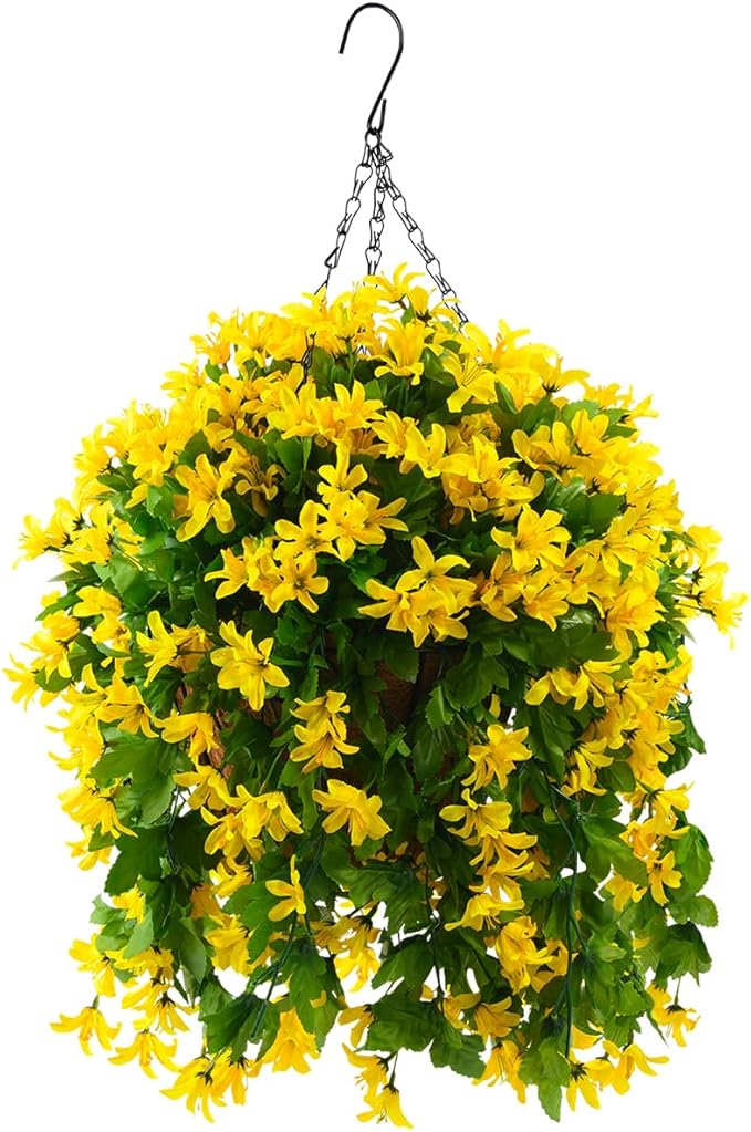 INQCMY Artificial Hanging Flowers in Basket for Patio Garden Decoration,Faux Silk Violet in Planter UV Resistant Realistic for Outside Home Porch Balcony Yard Decor(Yellow)