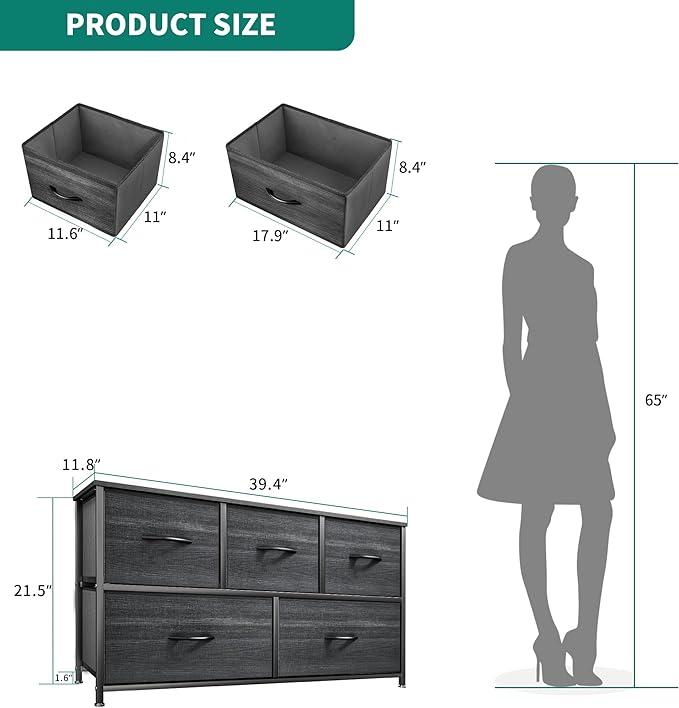 YITAHOME Dresser with 5 Drawers - Fabric Storage Tower, Organizer Unit for Bedroom, Living Room, Closets - Sturdy Steel Frame, Wooden Top