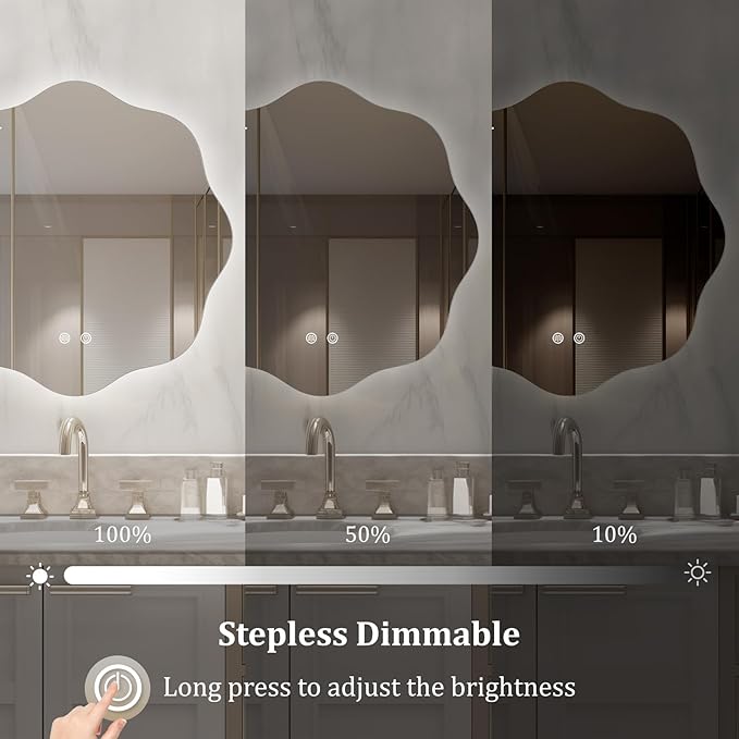 WallBeyond LED Bathroom Mirror with Lights, 20'' Wavy Round Light Up Bathroom Mirror, Anti Fog Led Mirror for Bathroom, 3 Colors and Dimmable Light