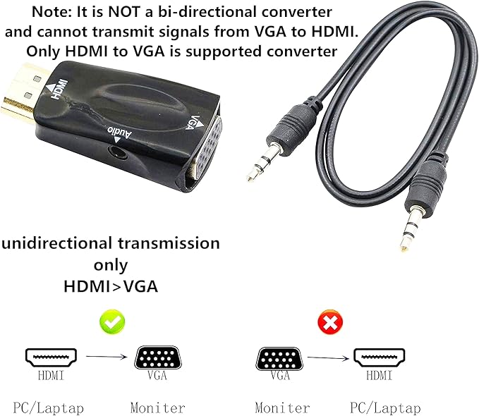 HDMI to VGA Adapter VGA Female to HDMI Male Gold Plated 1080P Connector Converter with 3.5mm Audio Jack Cable 50cm/19.68inch for PC HDTV Desktop Laptop Projector Monitor