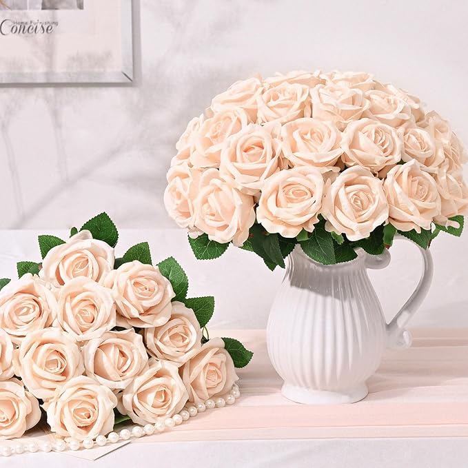 BLEUM CADE 50 Pcs Champagne Roses Artificial Flowers, Real Touch Velvet Roses Fake Flowers Bulk, Artificial Roses Bouquet with Long Stems Bridal DIY Wedding Party Centerpiece Decorations