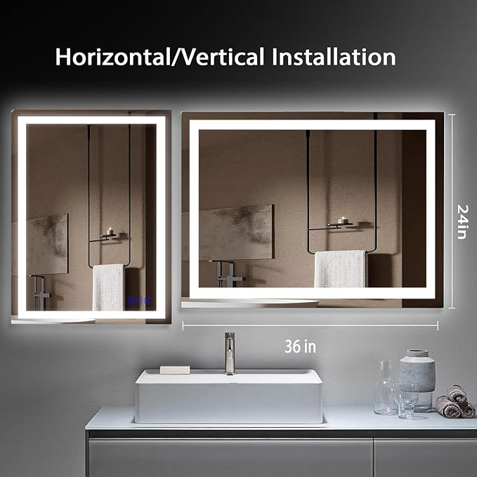 LED Bathroom Mirror with Lights 36"x24" Smart Wall-Mounted LED Mirror Lighted Bathroom Mirror with Stepless Dimmable,Touch Screen Button, Anti-Fog, Memory Function, Adjustable Colors