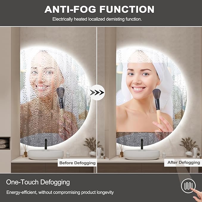 LED Bathroom Mirror with Lights, 44×31Inch Anti-Fog Backlit Vanity Mirror-Half Circle Mirrors with 3-Color, Dimmable Brightness, Shatter-Proof Decor Vanity Mirror